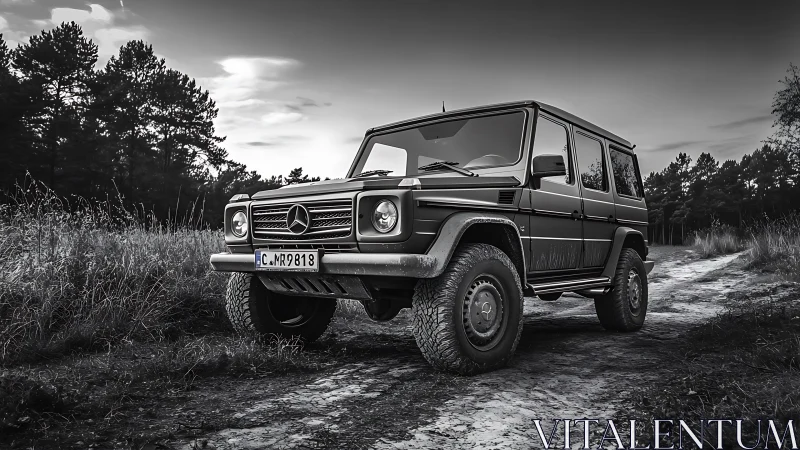 Monochrome off-road SUV on rural track, low-angle study.