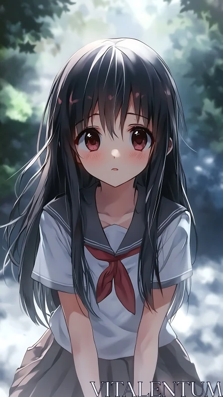 Soft sunlight and shy gaze in a quiet forest moment.