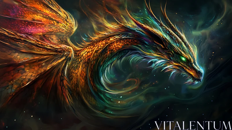 Digital illustration depicts multicolored dragon in motion