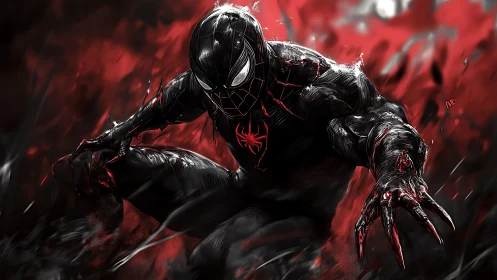 Dynamic comic-style spider hero in kinetic red-black field.