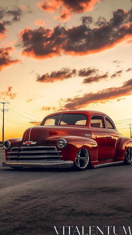 Classic red Chevrolet gleams under a dramatic sunset sky
