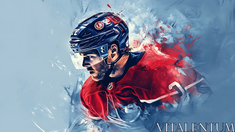 Digital hockey portrait with dynamic red and blue motion.