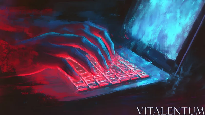 Glowing hand over neon keyboard on dark digital laptop scene.