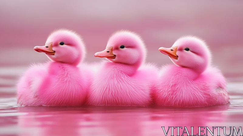 Three fluffy pink ducklings float aligned on calm water