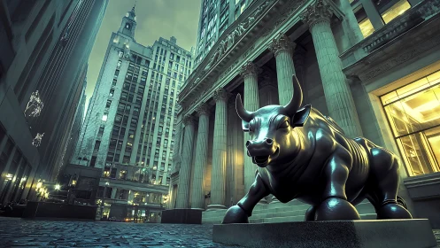 Bull statue dominates financial street with tall buildings