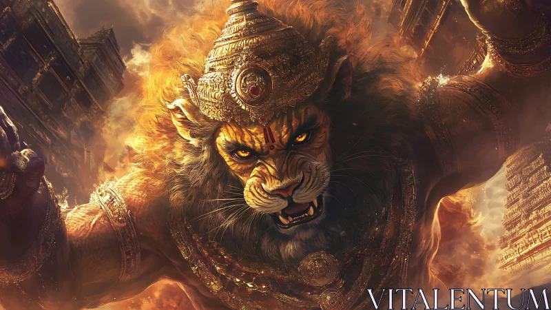 Lion-headed god erupts in molten gold and temple thunder.