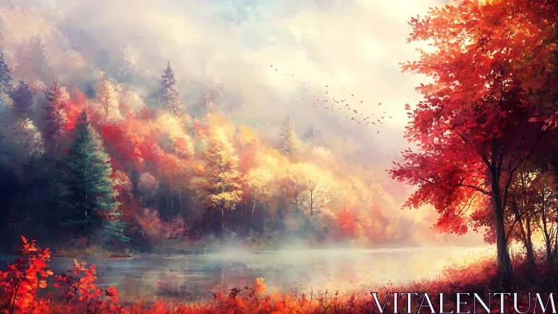 Misty Autumn Lake Landscape with Vibrant Red Foliage