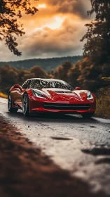 Red sports car rests on wet forest road at sunset light