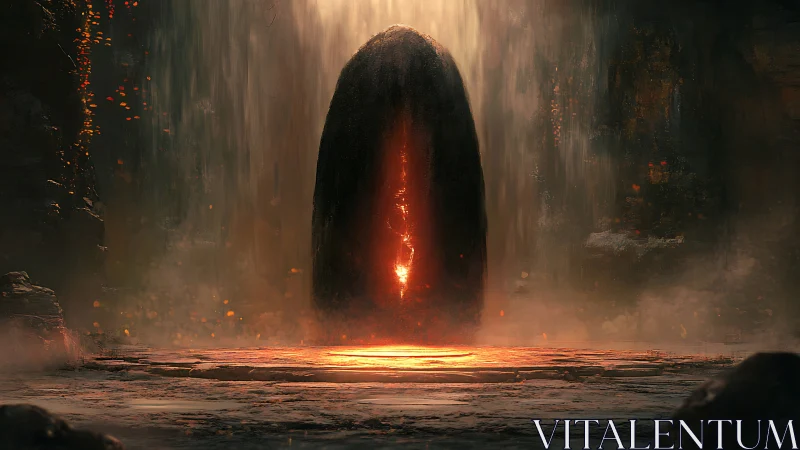 Molten monolith portal glowing in misty cavern depth.