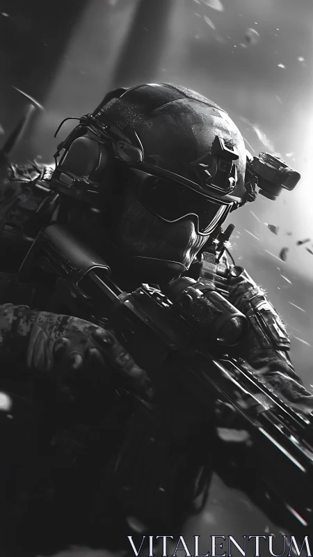 Tactical operator in NVG helmet aims rifle under cinematic debris field
