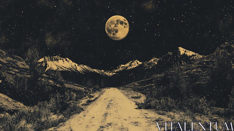 Lunar-illuminated alpine road under dense starfield night sky