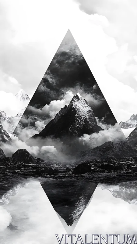 Monochrome triangular montage of mirrored mountain peak.