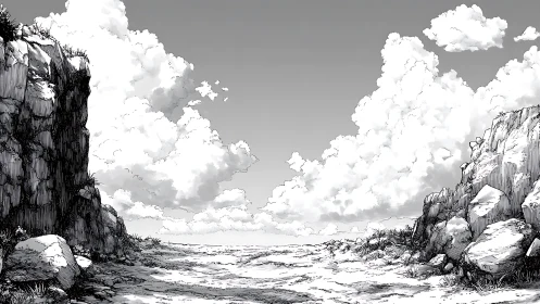 Monochrome coastal cliffs under towering summer clouds.