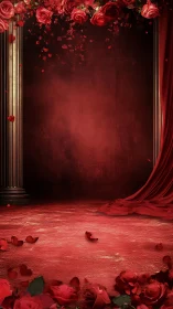 Opulent Theatrical Stage with Cascading Crimson Roses and Gilt Architectural Elements.