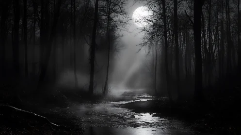 Full moon over dark misty forest creek at night scene.