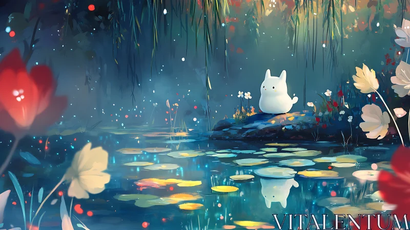 Cute white creature beside luminous lily pond at dusk.