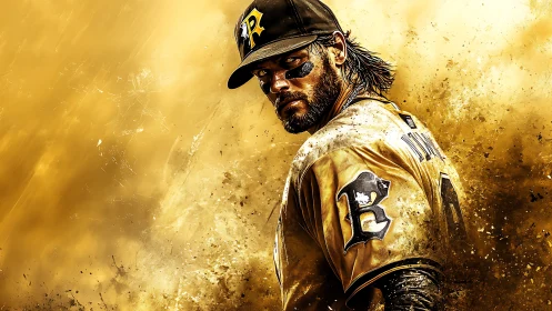 Dynamic baseball portrait uses splatter compositing and golden palette