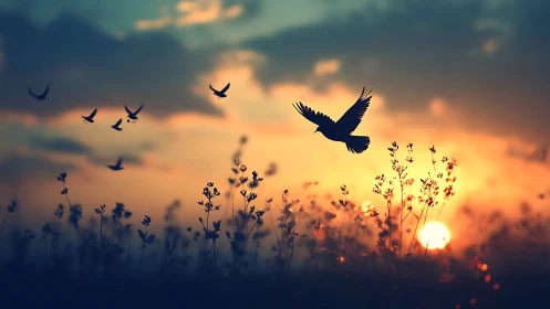 Birds in Flight Over Wildflowers at Sunset, Soft Dreamy Style.