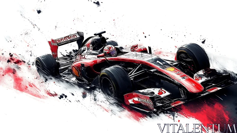 Red Formula One car digital illustration on white field.