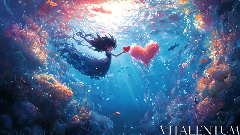 Underwater Quest: Figure Pursuing Luminous Heart Through Coral Sanctuary.