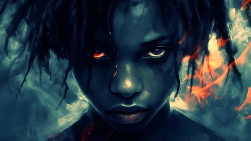 Digital portrait of intense figure with fire and smoke elements.
