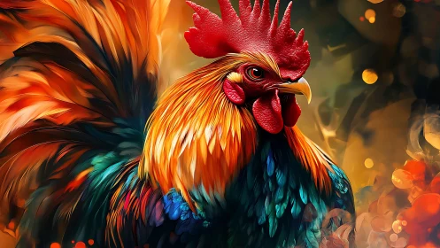 Stylized rooster portrait with layered color gradients.