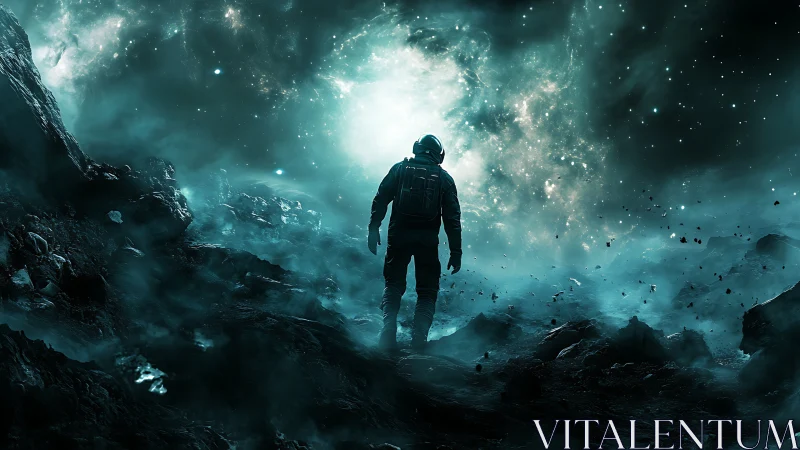 Solitary astronaut walks toward luminous cosmic rift