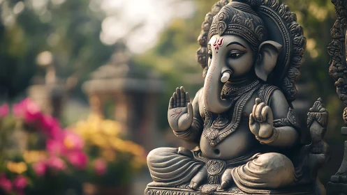 Stone Ganesha statue in garden with soft floral bokeh.
