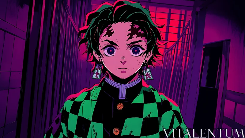 Bold anime hero stands strong in glowing neon hallway