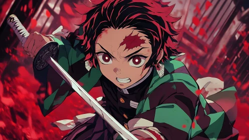 Sword-wielding anime hero charging through crimson petals.