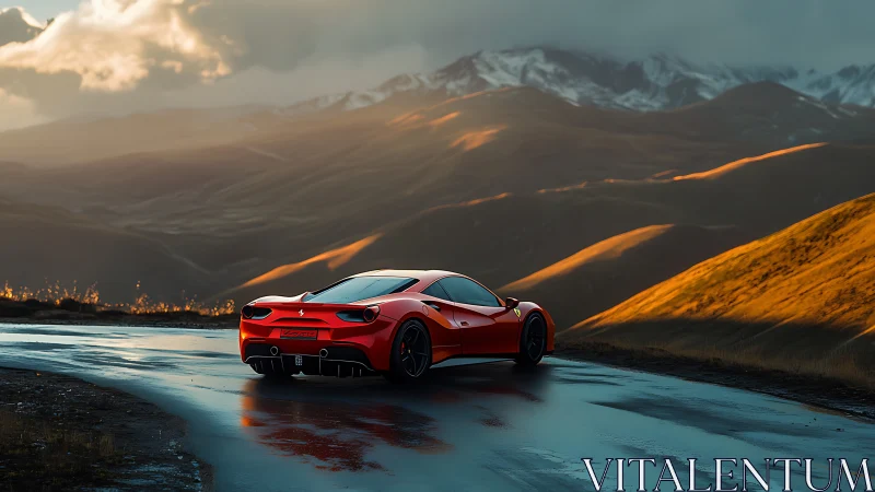 Red mid‑engine supercar on wet mountain pass under storm light