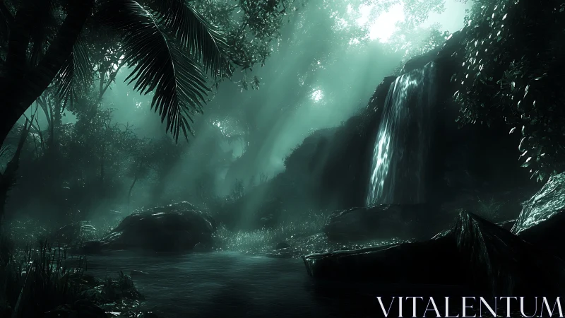 Cascading Waterfall Through Misty Jungle Canopy.