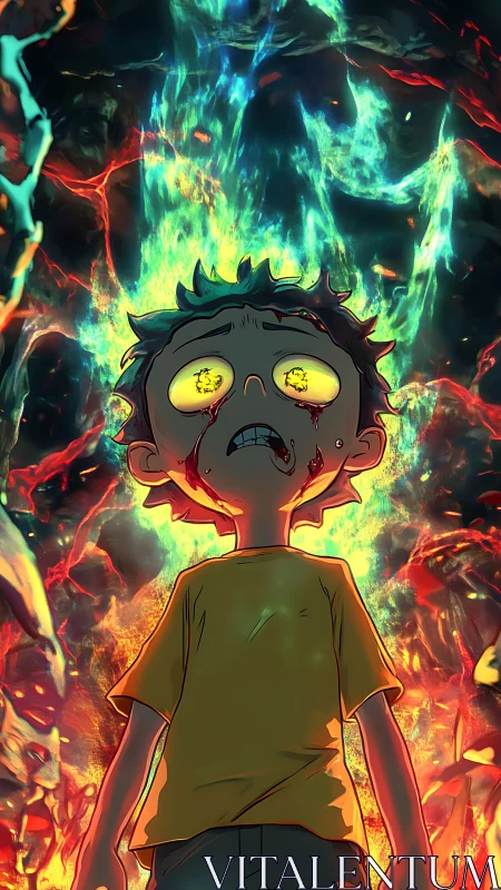 Molten-eyed child stands before a roaring infernal cosmos