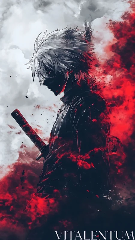 Monochrome swordsman silhouette framed by turbulent red vapor