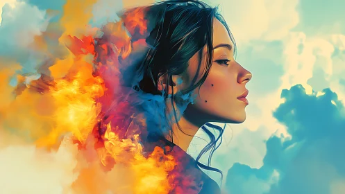 Profile portrait in surreal clouds with vibrant flame plumes.