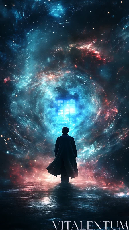 Solitary figure confronts luminous cosmic vortex doorway