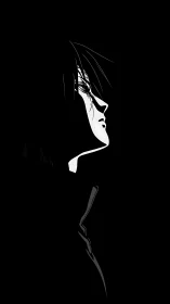 Monochrome profile illustration isolates a stylized character