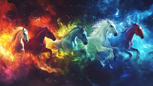 Chromatic spirit horses galloping through cosmic nebulae.