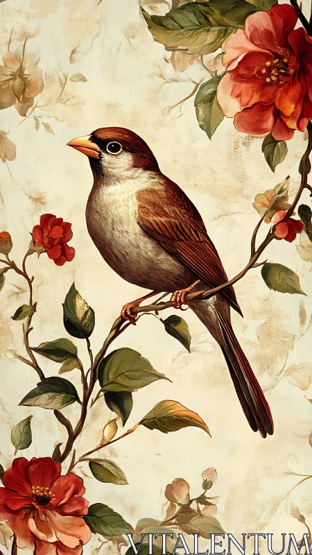 Songbird on flowering branch in vintage botanical style.