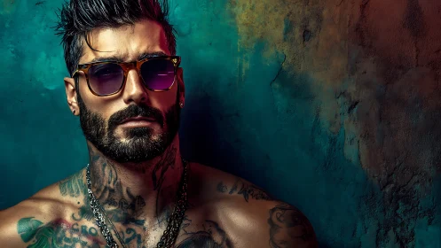 Tattooed man in sunglasses stands by textured teal wall