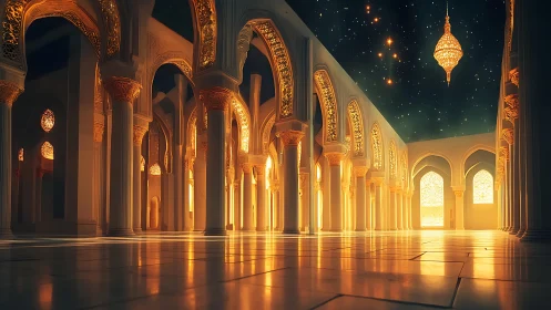 Illuminated colonnade inside ornate vaulted hall at night.