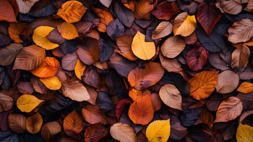 Cozy carpet of autumn leaves in rich gold, amber, and russet tones.