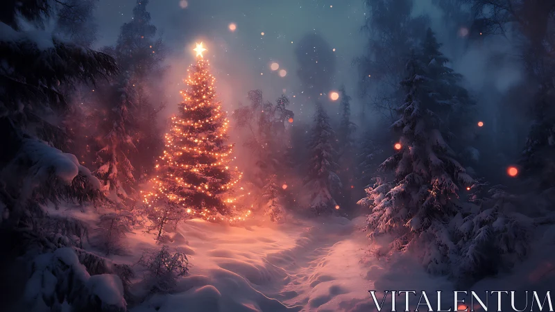 Illuminated Christmas tree in snow-covered forest clearing.