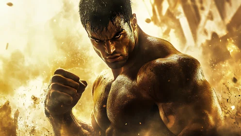 Muscular fighter punches forward through glowing golden dust