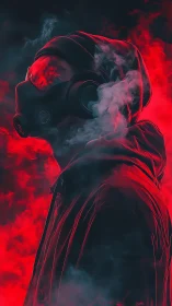 Hooded figure in gas mask amid dense red smoke clouds.
