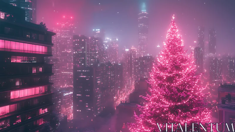 Neon pink Christmas tree glows softly over a misty city