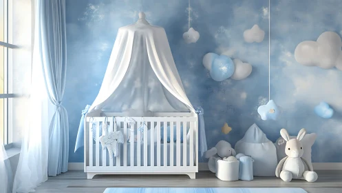 White crib in blue cloud-themed nursery interior design.