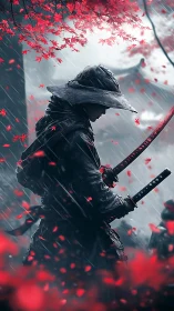 Solitary samurai under crimson maple in storm rain.