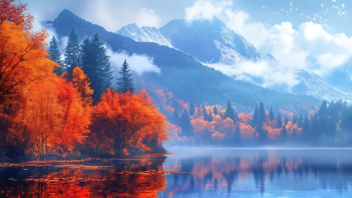High-altitude autumn lake with misted conifers and glacial peaks