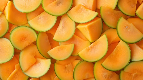 Close-up view of fresh sliced cantaloupe melon wedges.